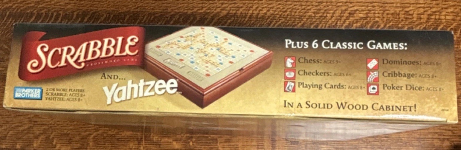 Parker Brothers Hasbro Scrabble Yahtzee Plus 6 Classic Games Solid Wood Cabinet