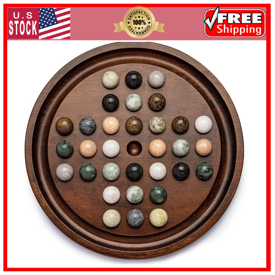 12.6” Wooden Solitaire Board Game Single Player Strategy with Marble Balls Set