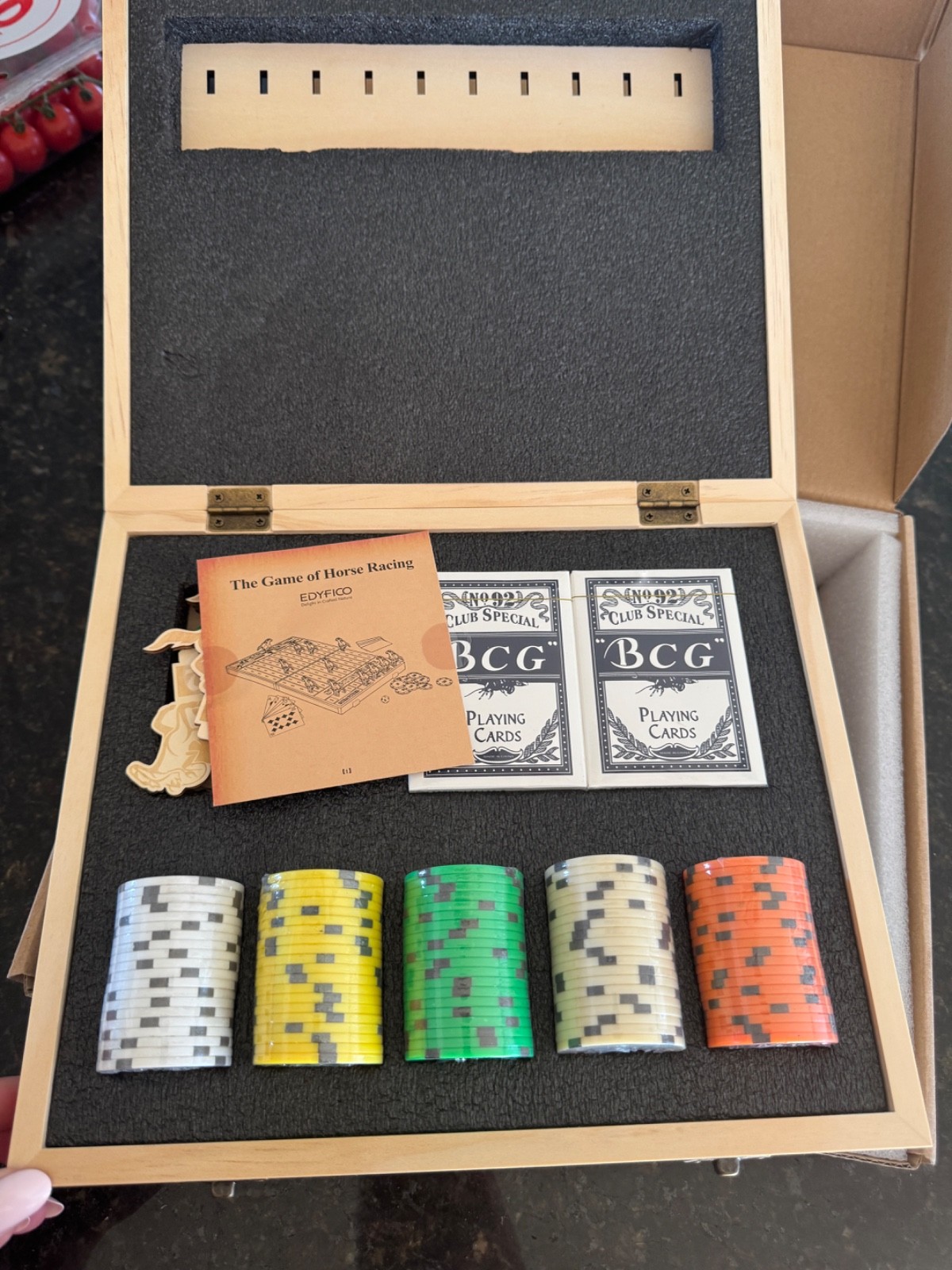 Wood Horse Racing Board Game-Foldable-Portable-Includes: Horses-Cards-Chips-Dice