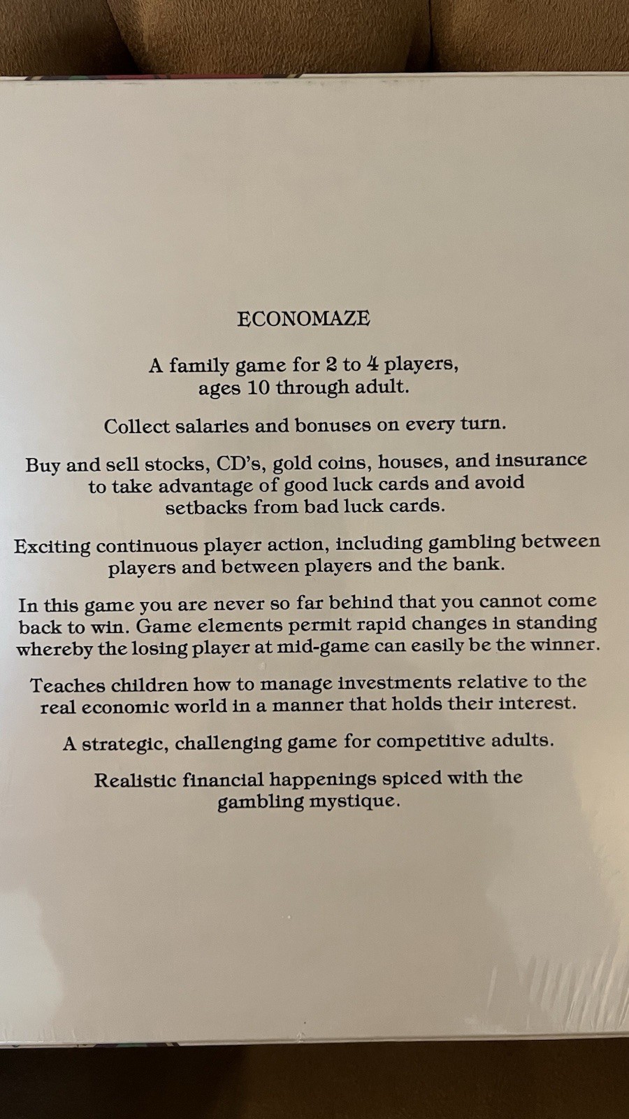 Vintage Economaze Board Game 1979 New And Sealed! Rare! Made In USA