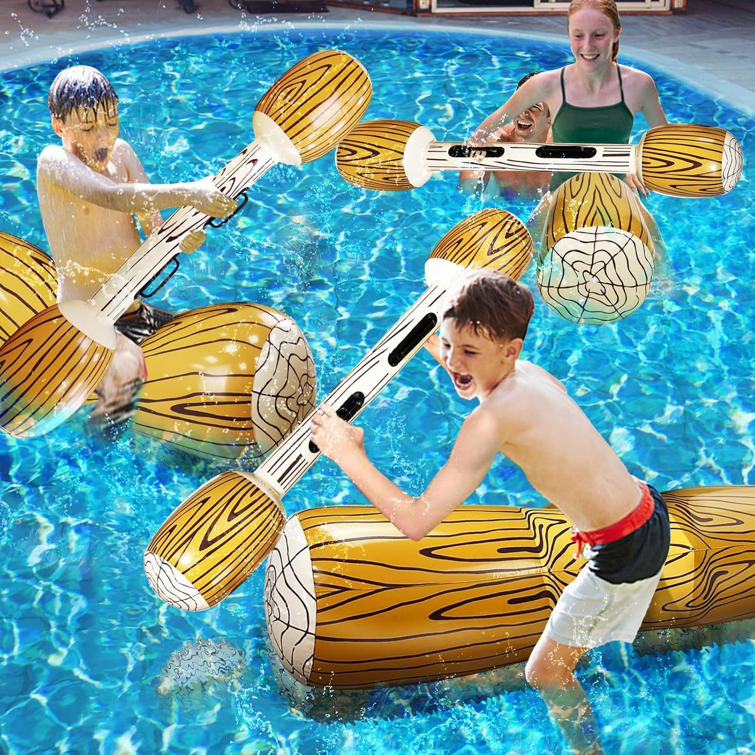 [Upgraded Log Rafts] 4 Pcs Jumbo Inflatable Battle Log Pool Game – 2 Players Inf