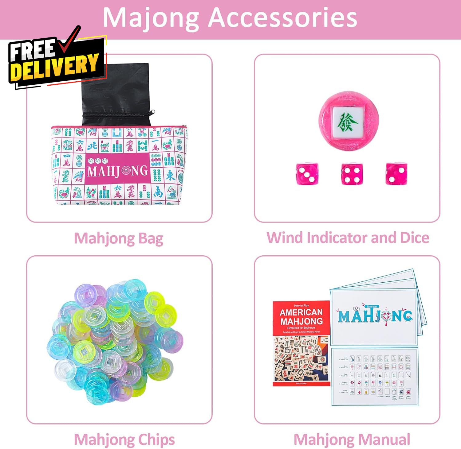 160 Pink Engraved American Mahjong Tiles Set with Carrying Bag and Accessories..