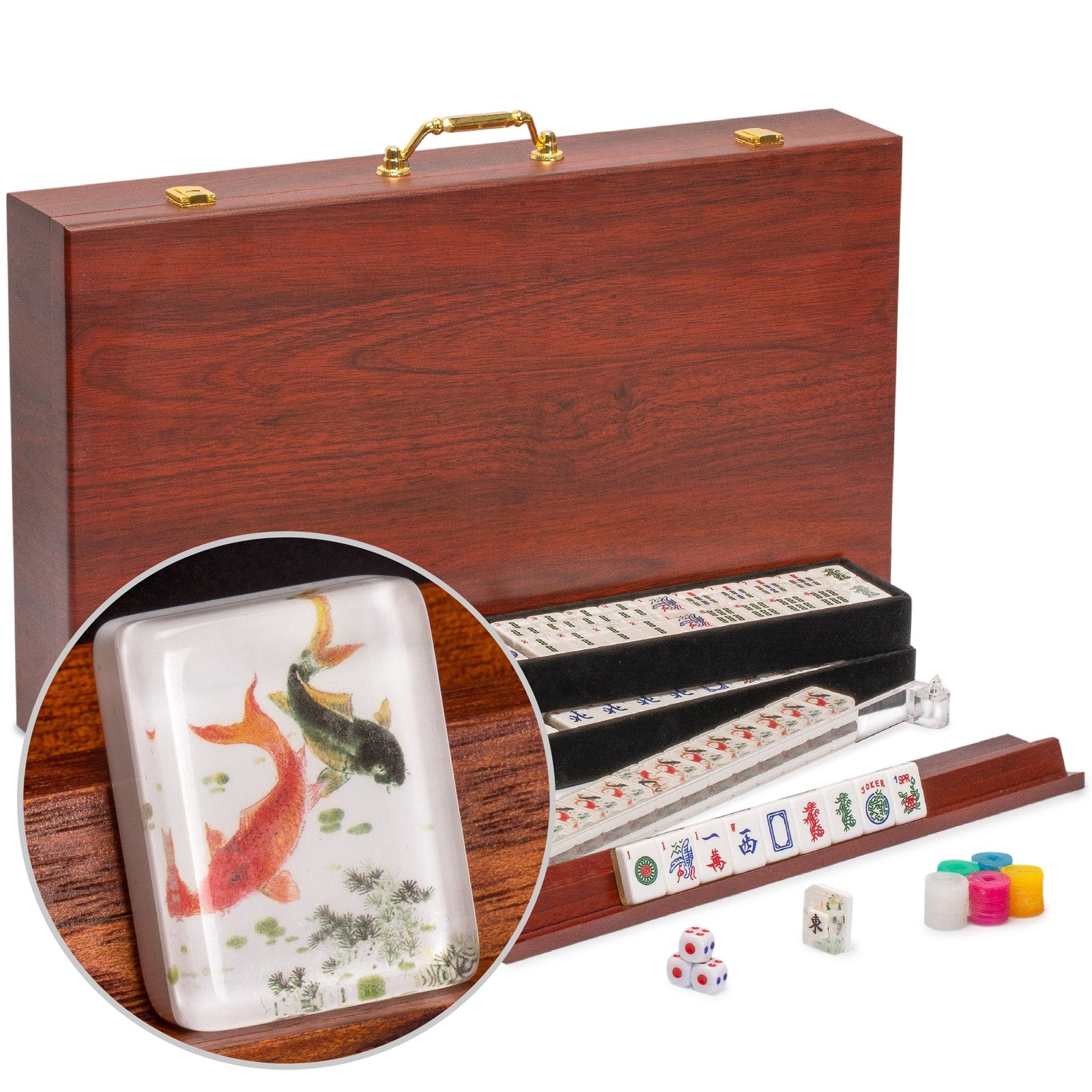 American Mahjong Mah-Jong “KOI Fish” 166-Tile Rack Wooden Case US-AF021-B New