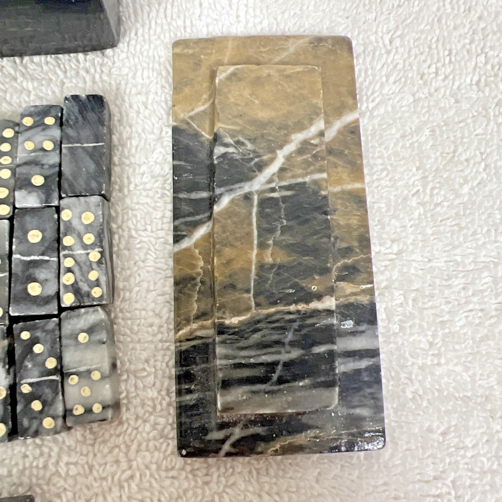 Vintage Handmade Carved Marble Stone Domino Set Box And 27 Pieces