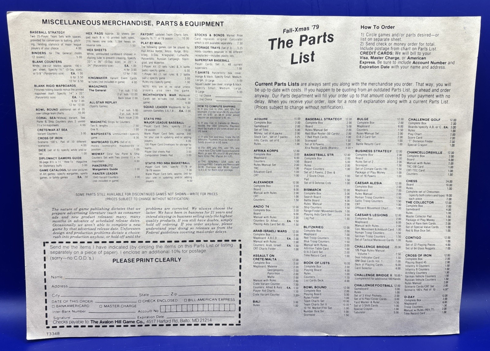 The Avalon Hill Game Company Fall-Xmas 1979 Original Parts List Order Form