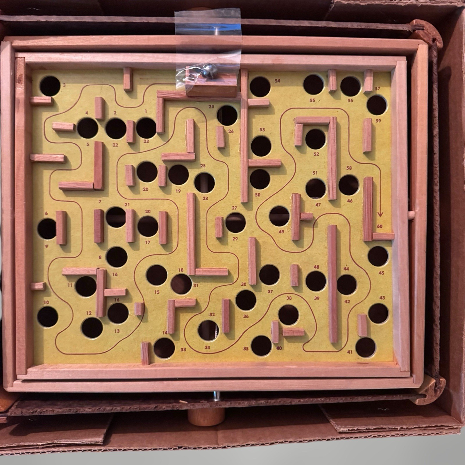 Vintage Tilt Marble Maze Game Wood Skill Puzzle w Box & Original Marble