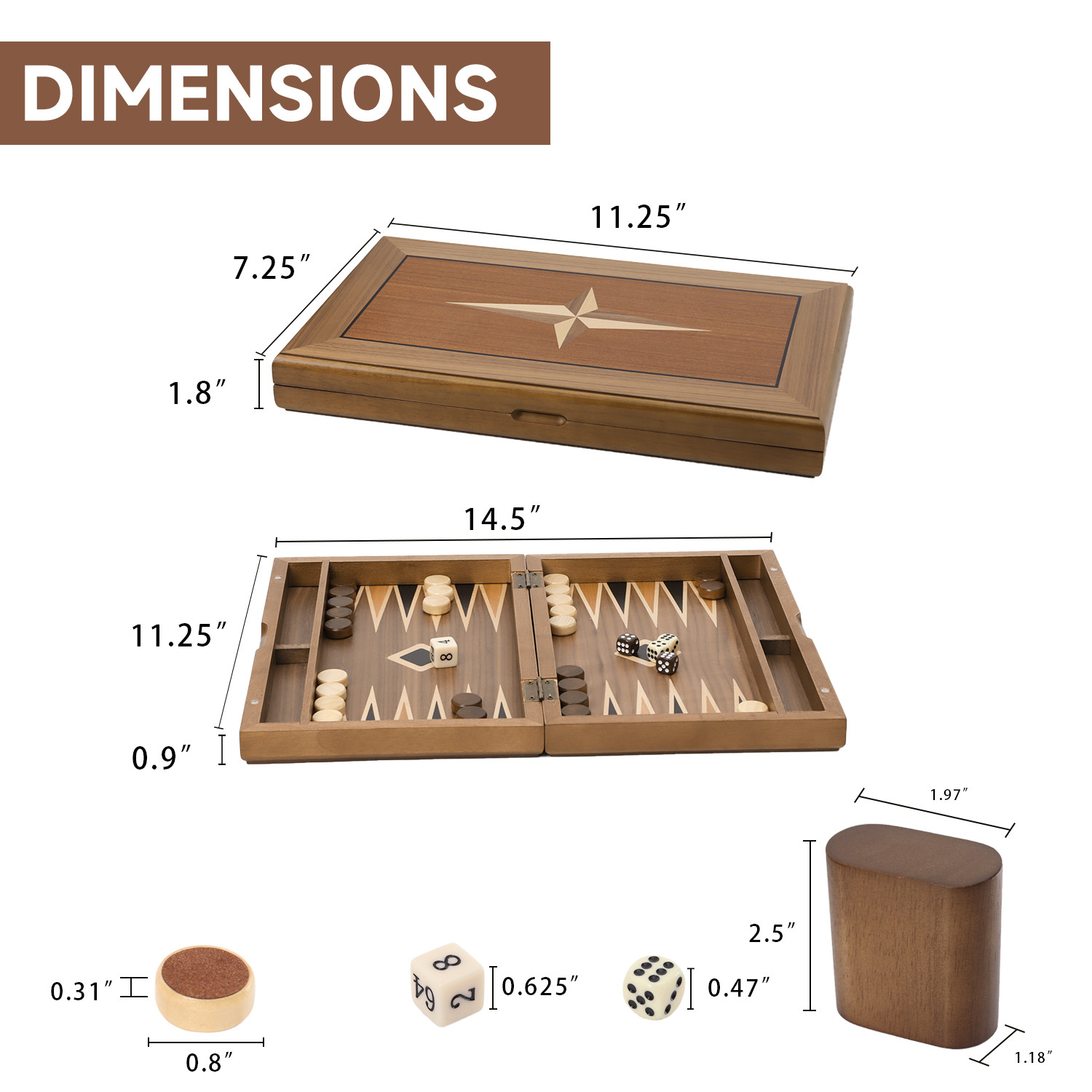Classic 11″ Travel Wood Backgammon Board Game Set Inlay Star Board w/Game Pieces