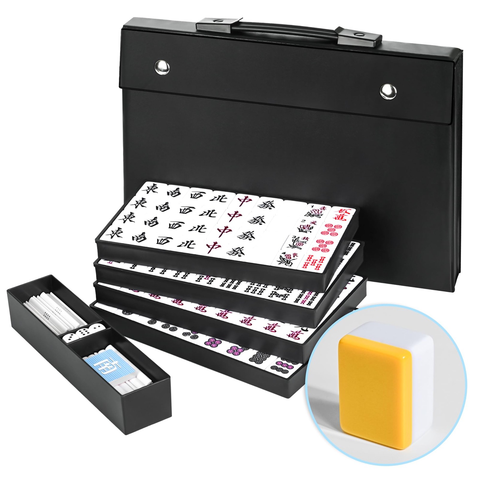 Japanese Riichi Mahjong Set, 144 White and Yellow Tiles – with Black Box, Eas…
