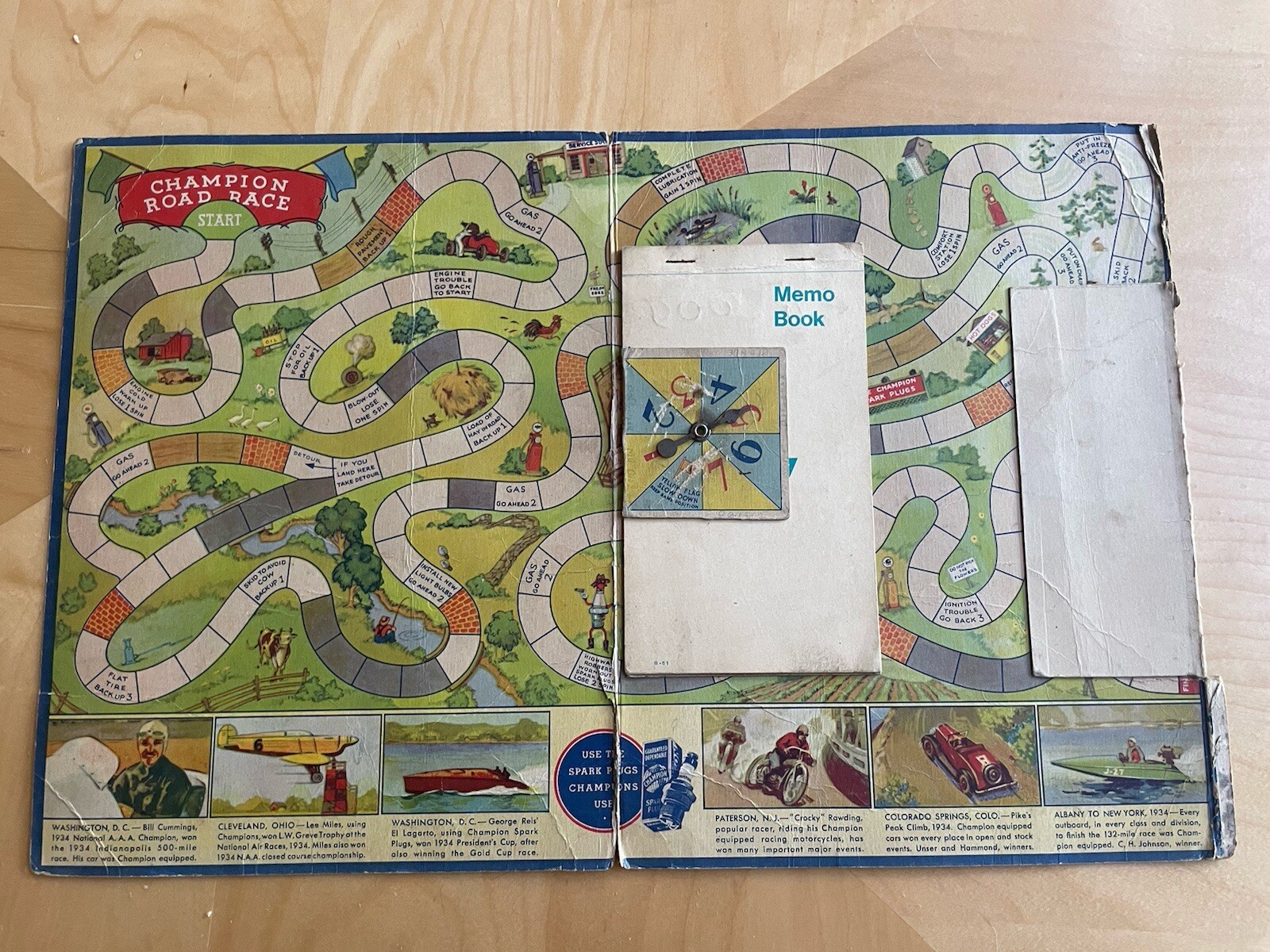 Vintage 1934 Champion Spark Plugs Road Race Game Advertising Rare Spinner