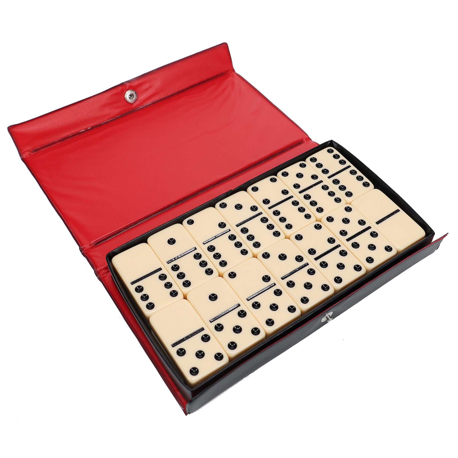 WE Games DOUBLE 6 Dominoes Ivory color tiles with black dots in black vinyl case