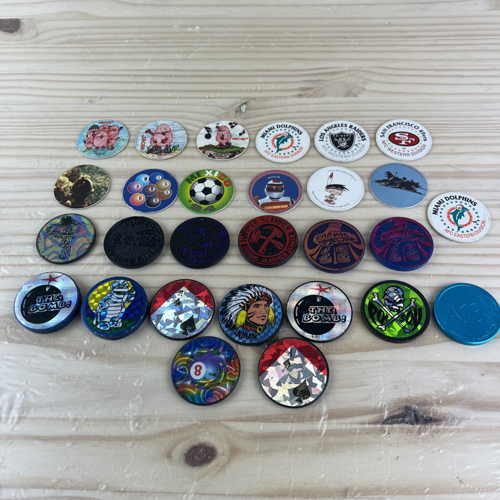 Vintage Lot of Pogs Slammers Plastic Metal Poison Indian Miami Dolphins Raiders
