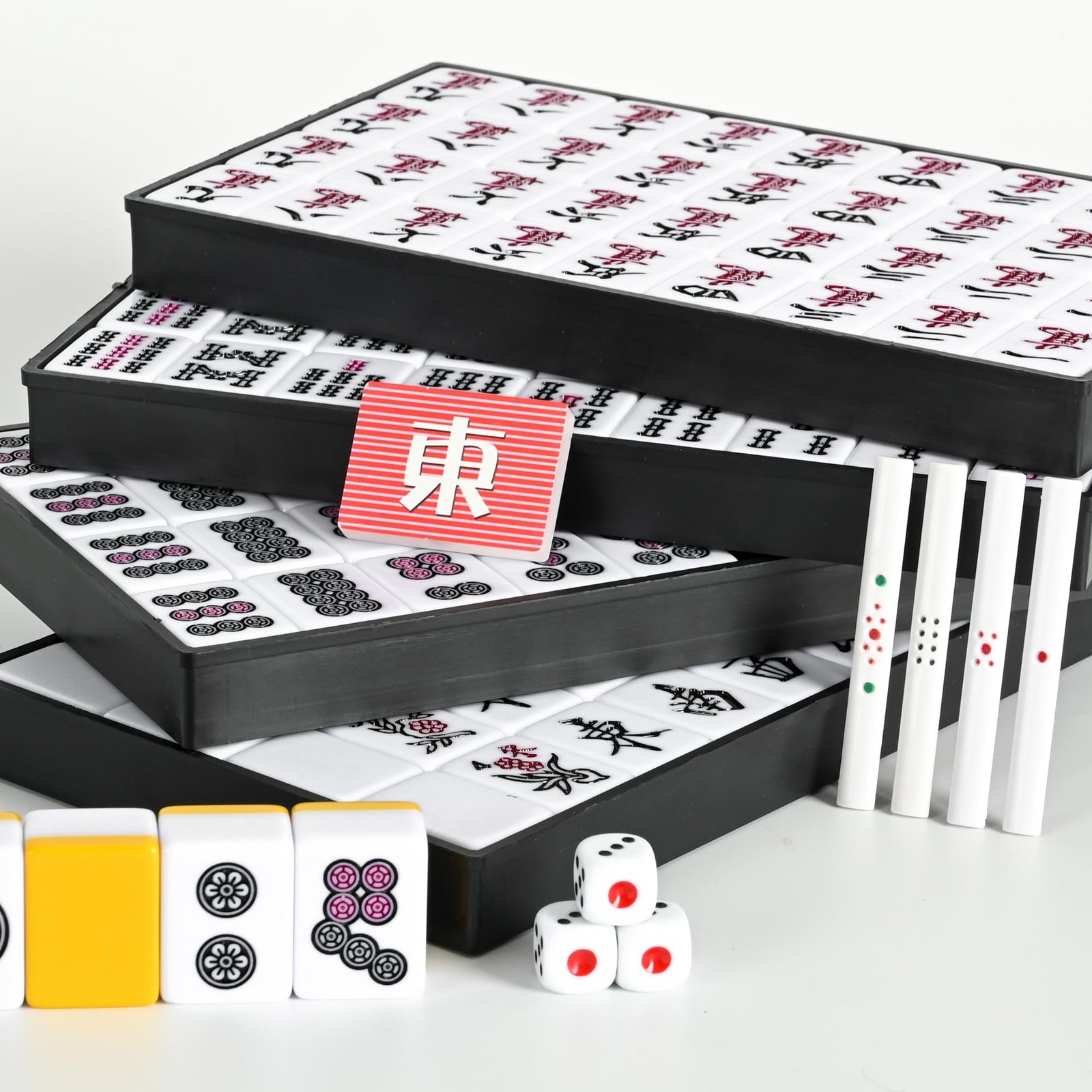 Japanese Riichi Mahjong Set, 144 White and Yellow Tiles – with Black Box, Eas…