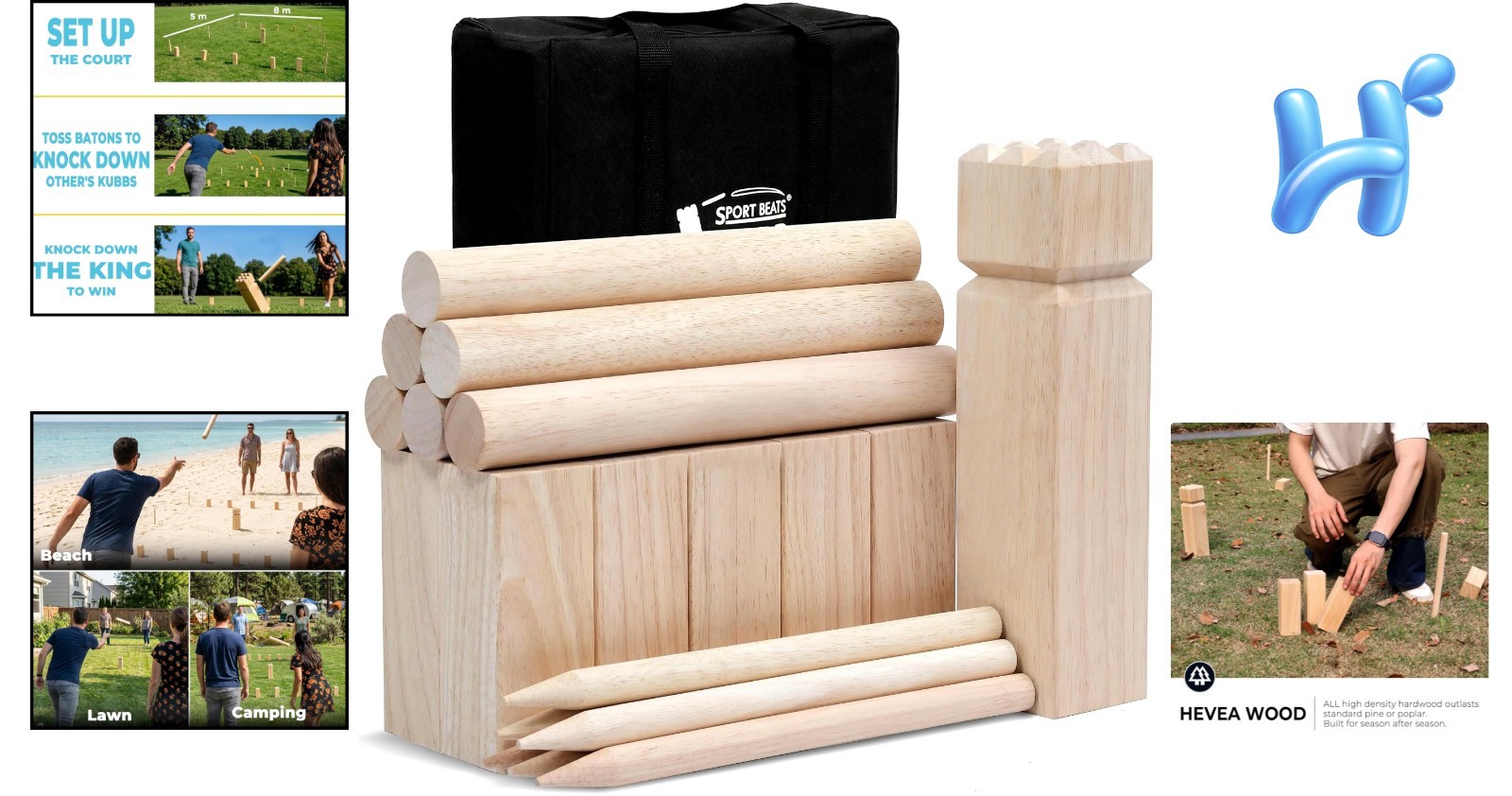 Complete Kubb Game Set: Natural Rubberwood with Travel Case for Multiple Players