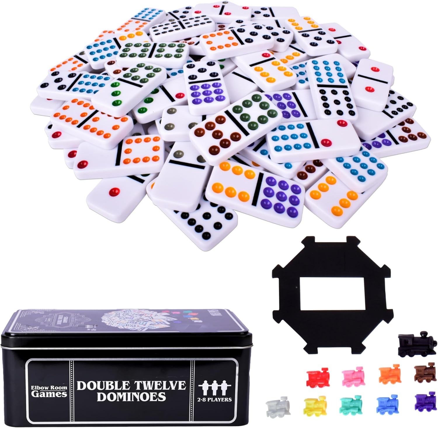 Mexican Train Dominoes Set – 91 Colorful Tiles with Storage Tin for 2-8 Players
