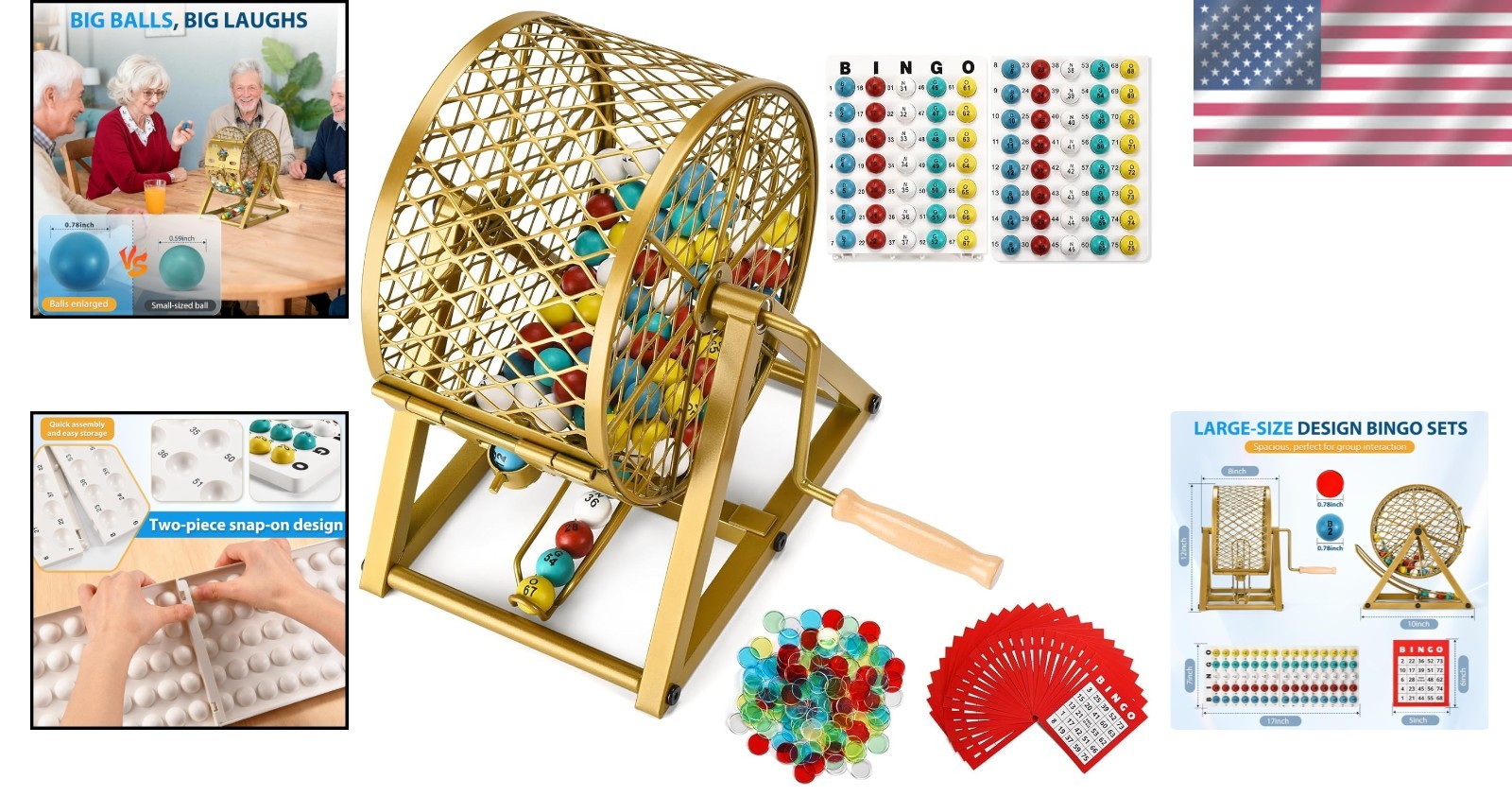 Bingo Game Set Adults Large Group Seniors 78 Inch Balls Steel Cage 30 Cards