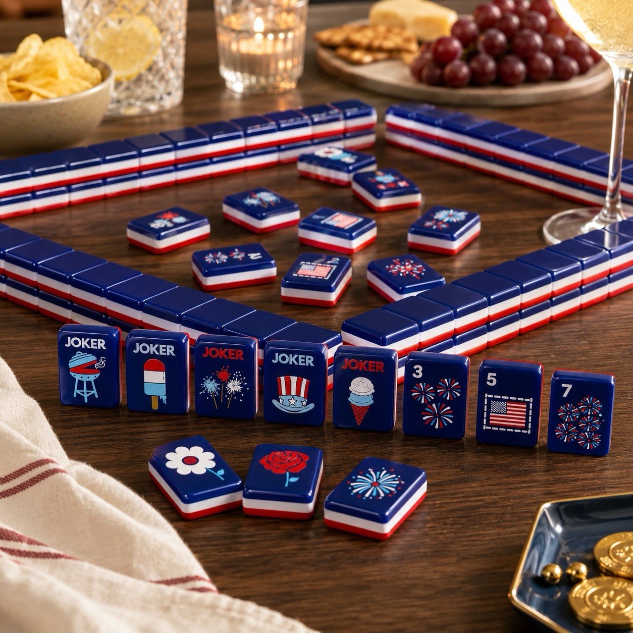 New! Patriotic Red White & Blue Mahjong Tile Set w/ Joker Tiles