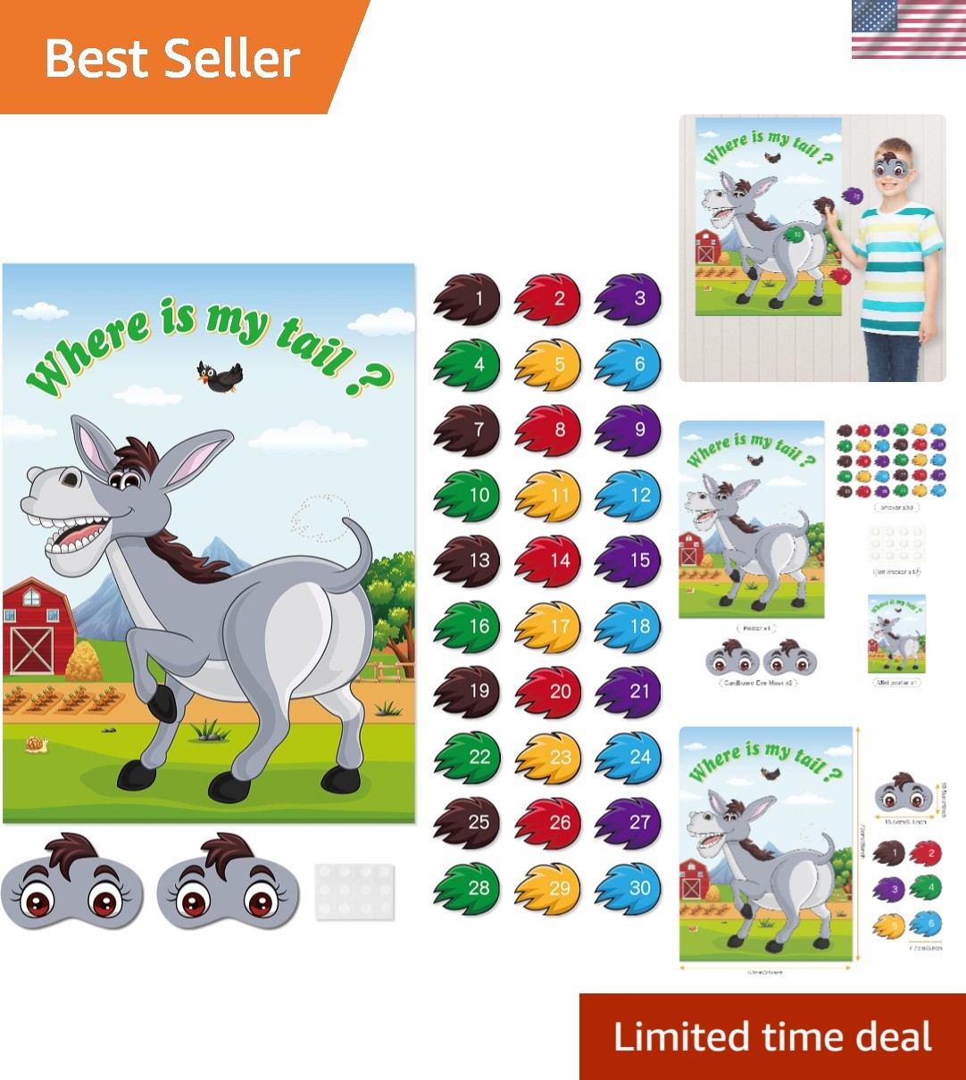 Pin The Tail on The Donkey Party Game for All Ages with 30 Stickers & Blindfold