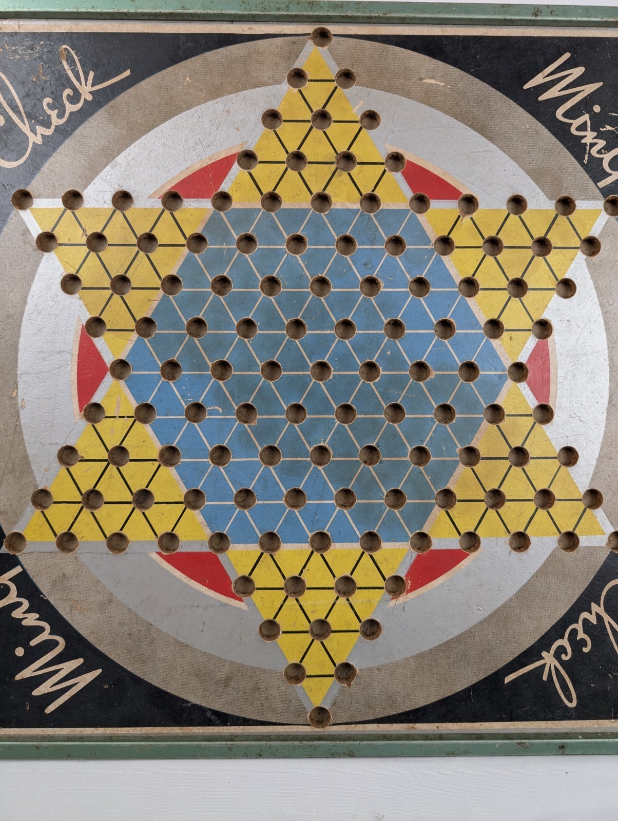 Vintage Chinese Checkers MING CHECK Board Game Reverses To Checkers Metal Frame