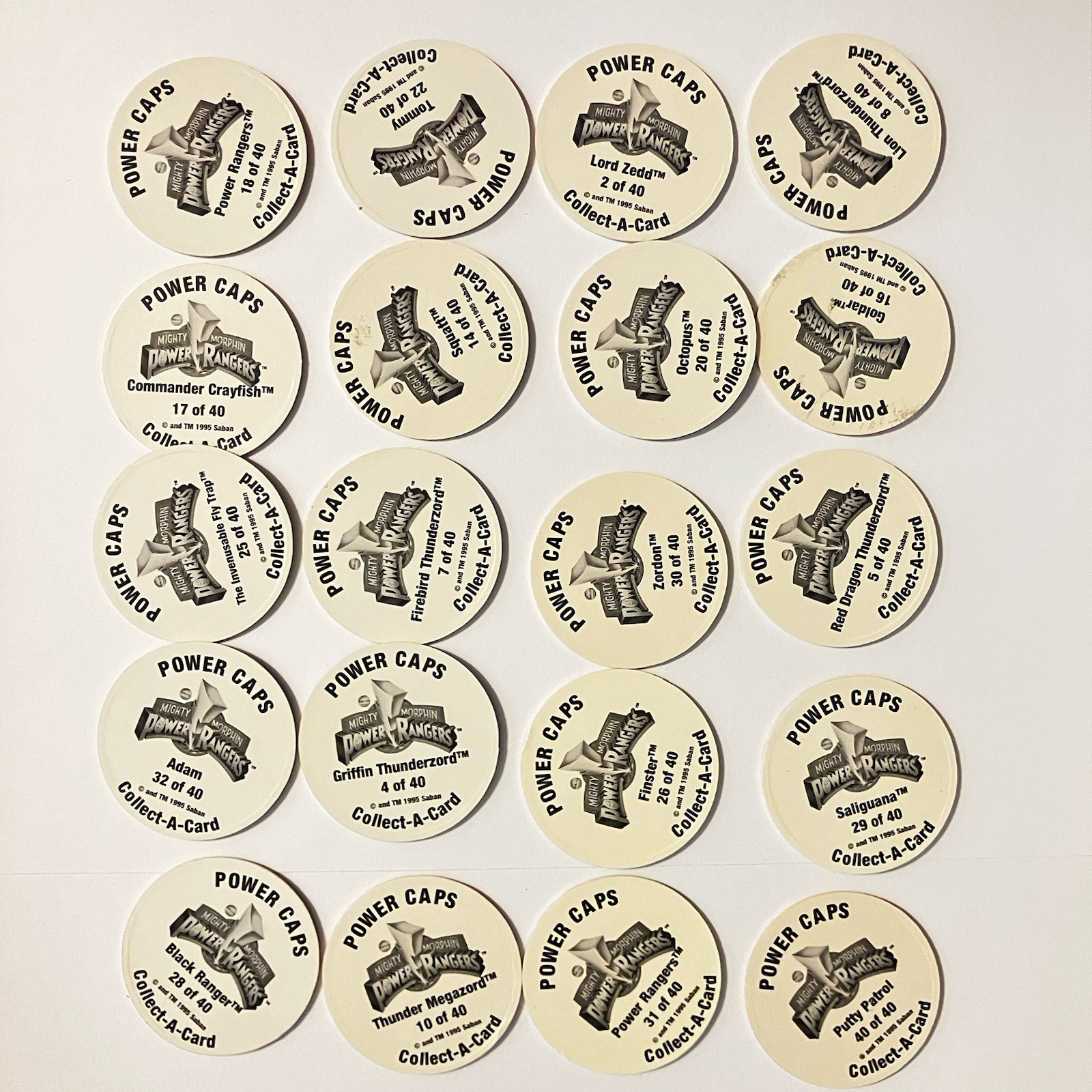Lot of 20 Pogs Mighty Morphin Power Rangers Pogs from 1995 Saban Power Caps