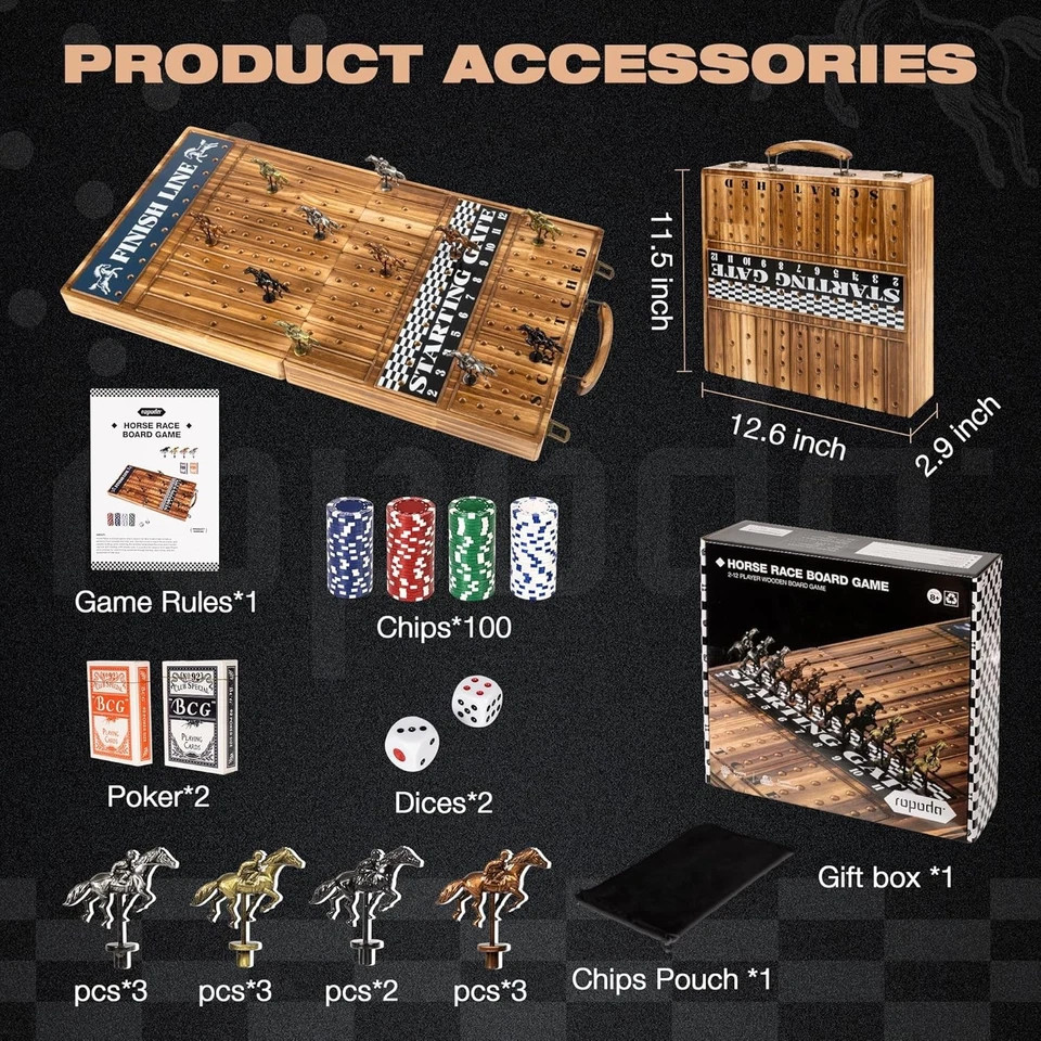 23in Wooden Horse Racing Board Game Foldable Tabletop Set Chips Dice