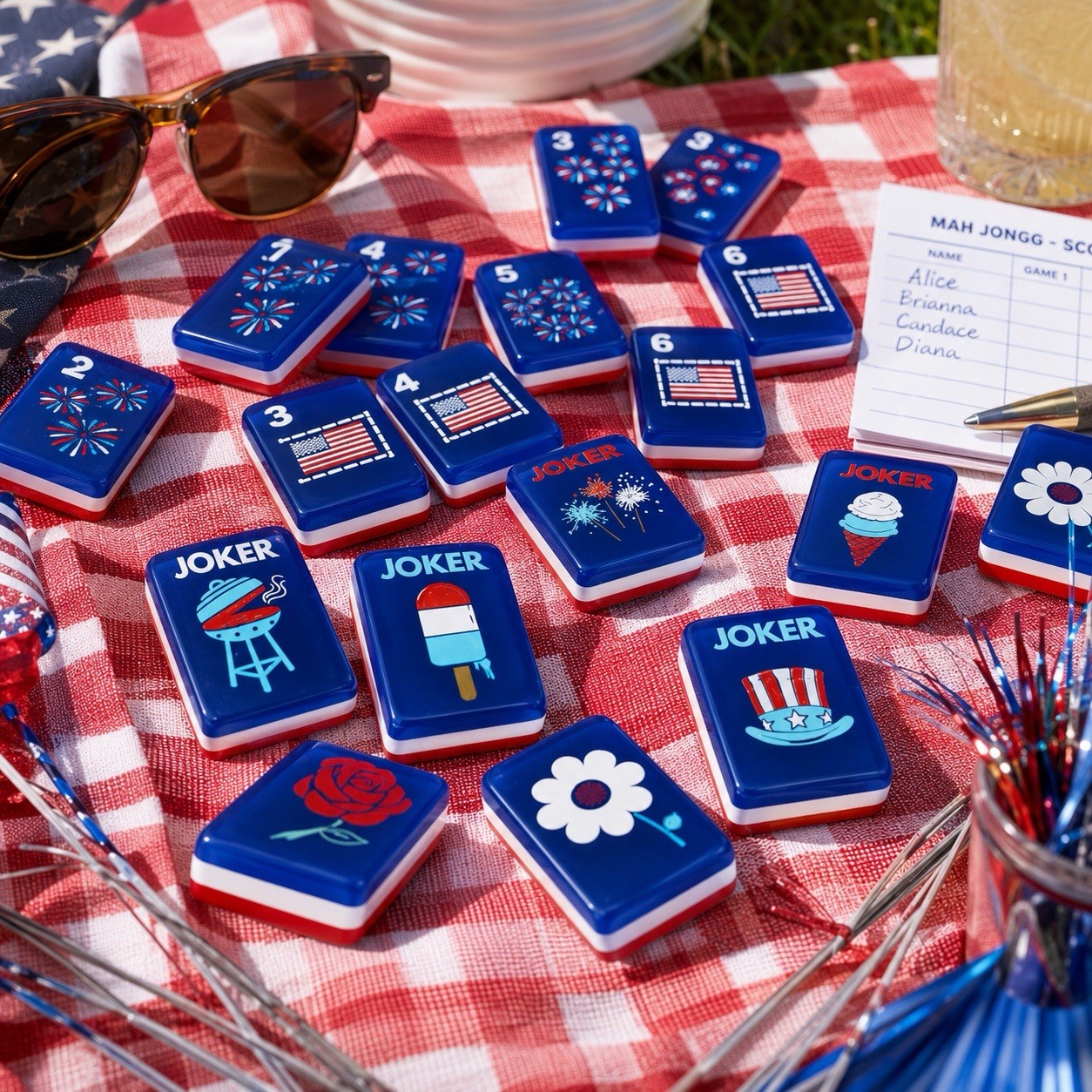 New! Patriotic Red White & Blue Mahjong Tile Set w/ Joker Tiles