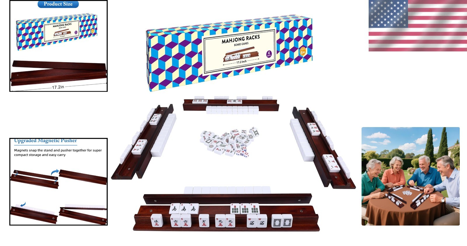 Portable 4-Piece Vintage Mahjong Rack Set with Magnetic Pushers for Easy Play