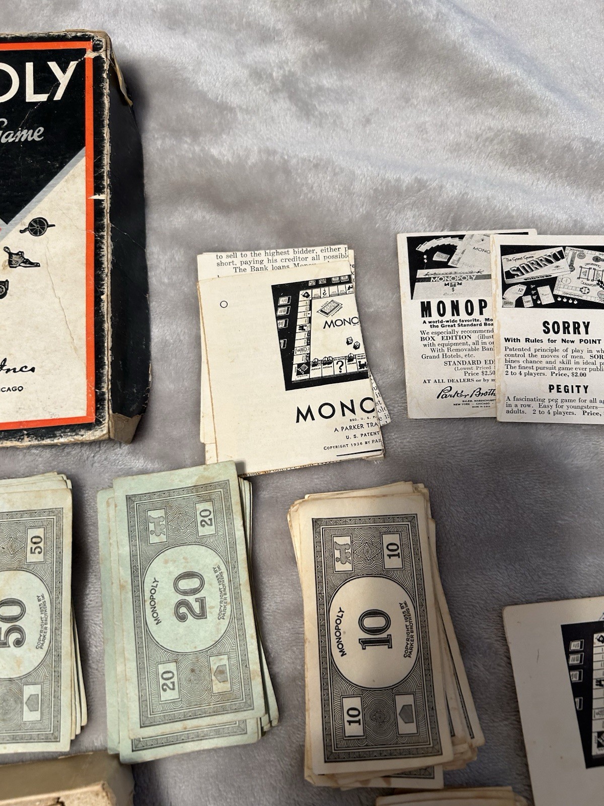 Vintage 1930s Monopoly Black Box Patent 2026082 Parts Money No Board As-Is