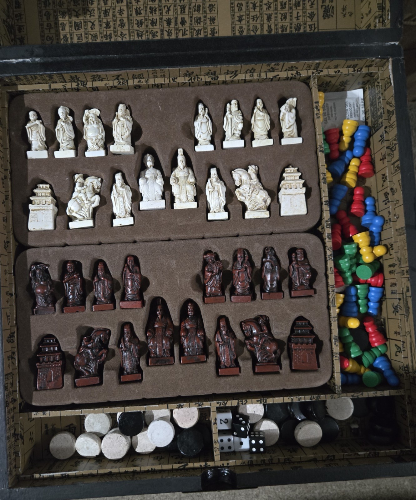 Vintage Red Chinese Game Set Wood Box Dragon & Phoenix Chess Backgammon Checkers
