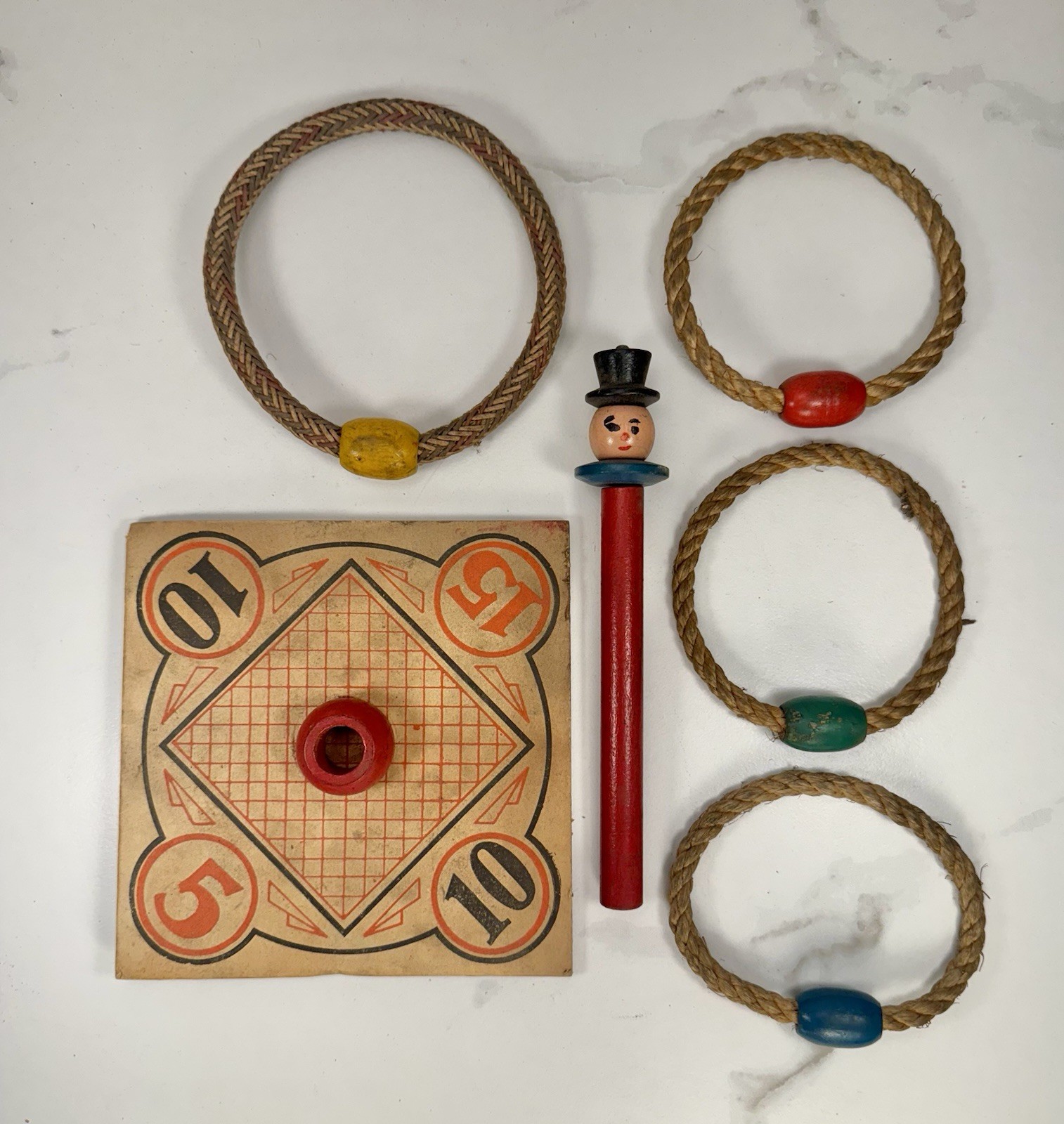 Vintage Wooden Ring Toss Game Clown Figure Rope Rings Folk Art Carnival Toy