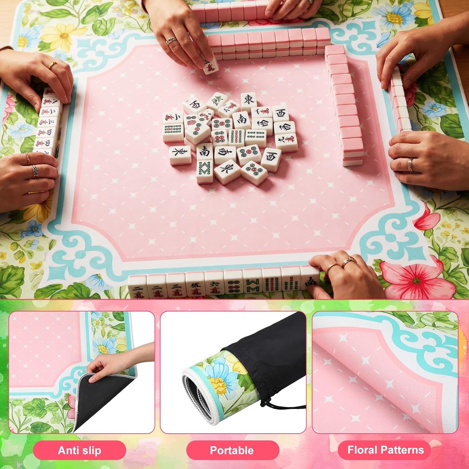 Floral Mahjong Table Covers 31.5″ x 31.5″ with Carrying Mahjong Mat for Table