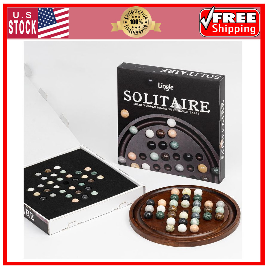 12.6” Wooden Solitaire Board Game Single Player Strategy with Marble Balls Set