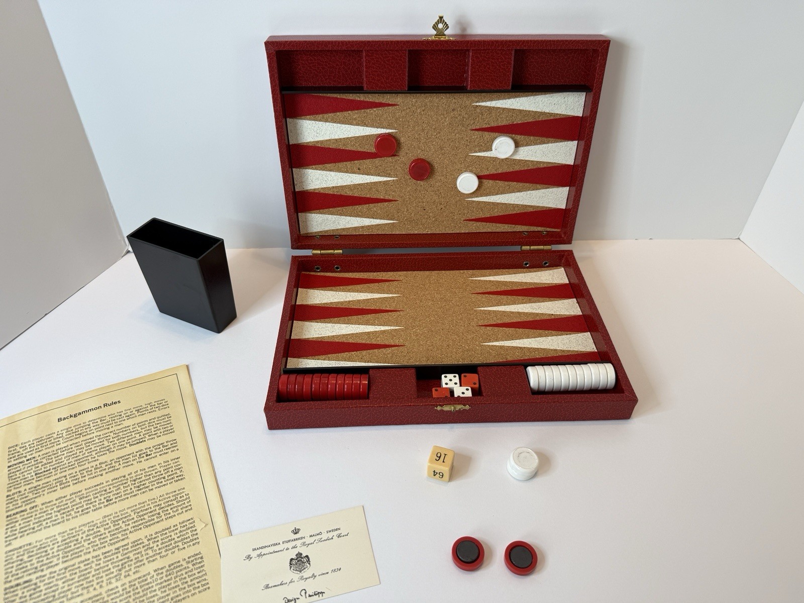 Design Philipp Sweden Backgammon Set Red Case Cork Board JC Penney Magnetic VTG