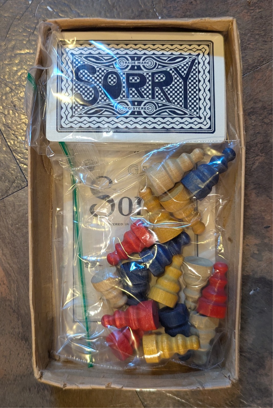 VTG 1950 Parker Brothers Sorry! Game With Box Cards Rules Wooden Pawns NO Board