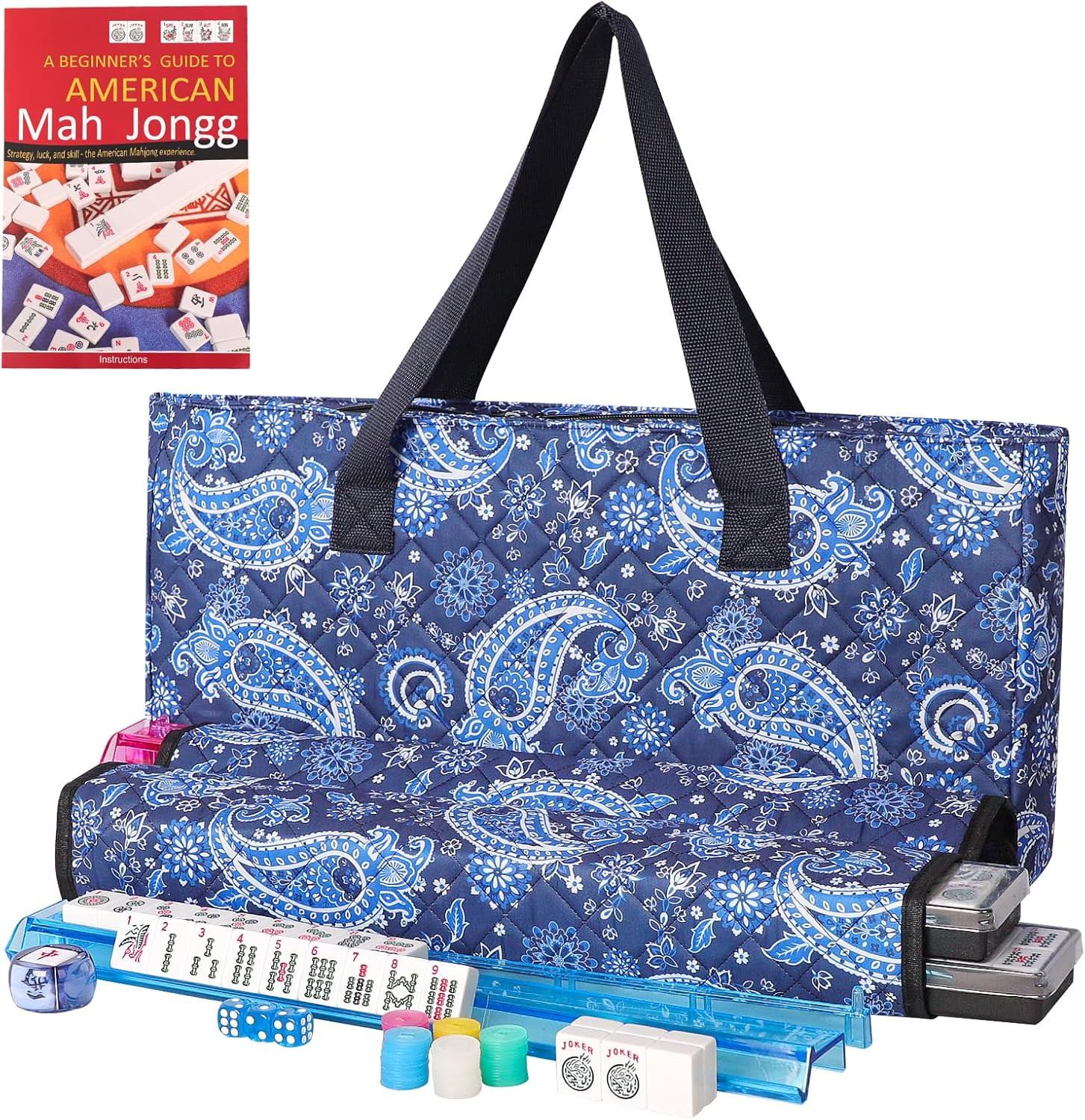 TIASUSAN American Mahjong Game Set, 166 White Tiles, Blue Printed Bag with Entir