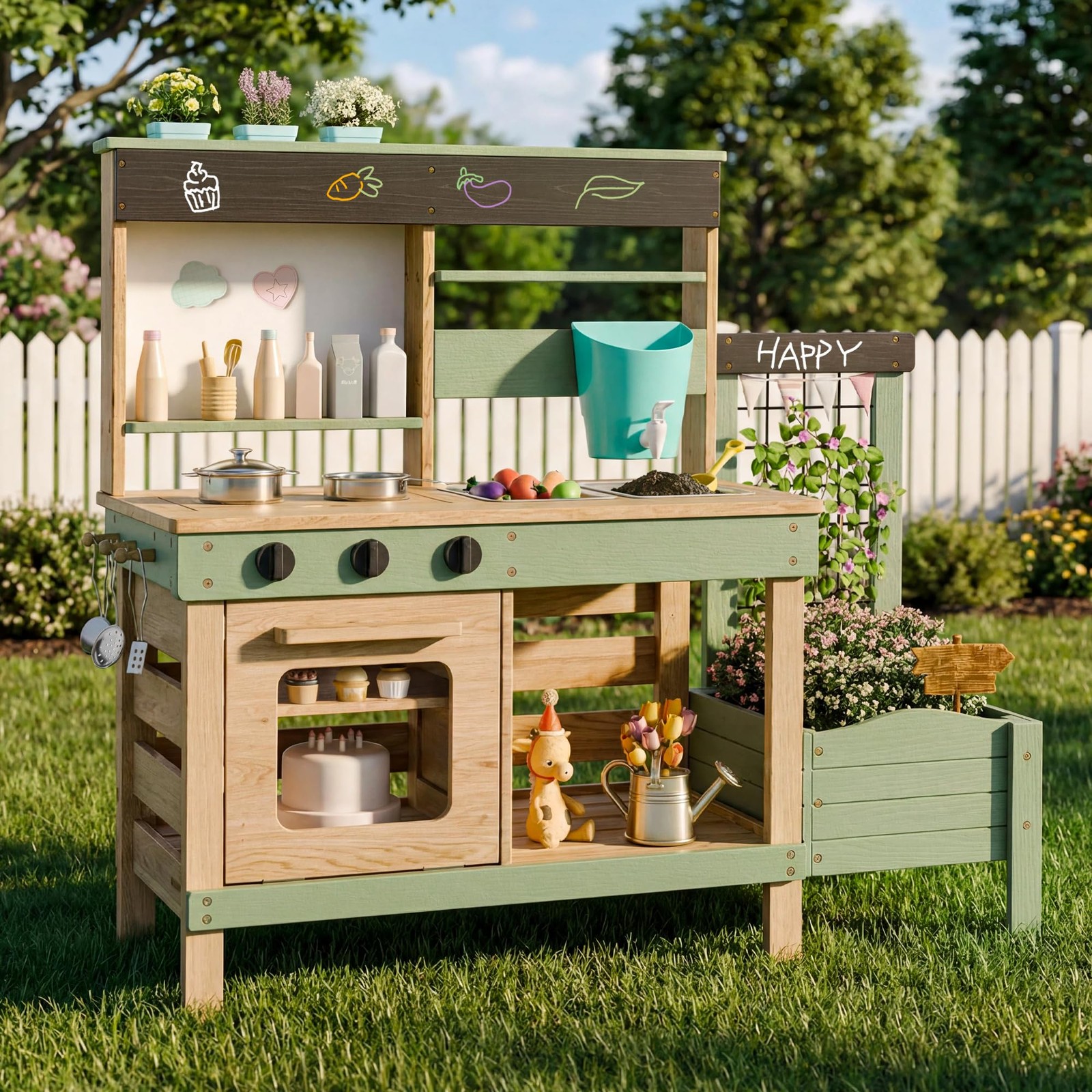 Wooden Mud Kitchen for Kids Outdoor Pretend Play Plant Growing Box Removable