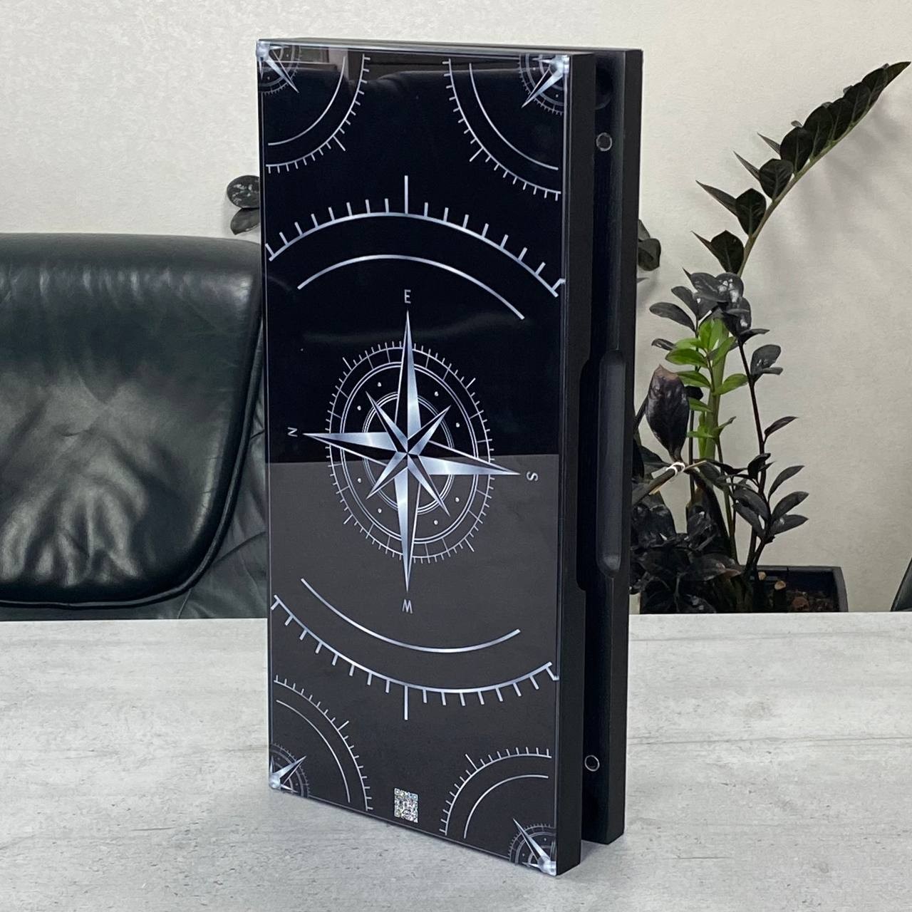 Glass & Wood Backgammon Set with Compass Design, Custom Board Game, 20×10 in