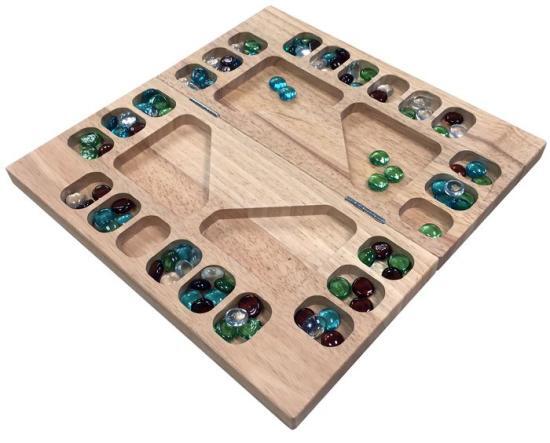 Mancala Multi Player Cartamundi Wood Folding Set with 48 Colorful Glass Beads
