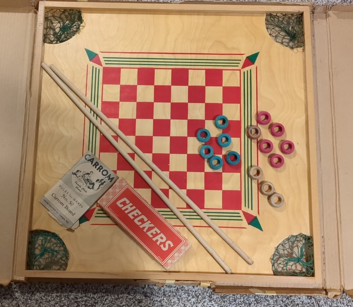 1950 No 50 Carrom Board from Carrom Industries w partial Set of Checkers & Rings