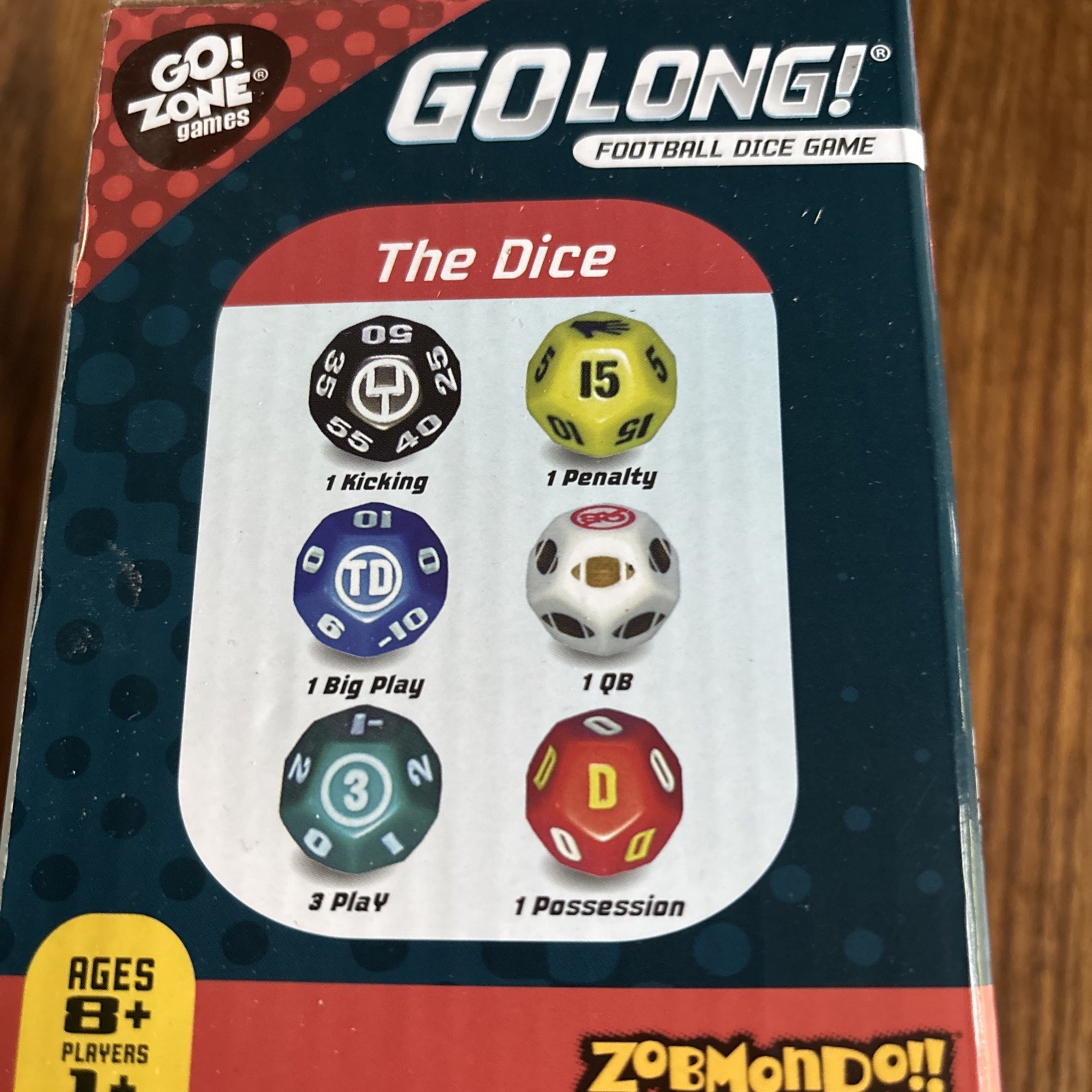 Zobmondo GO LONG Football Dice Game Complete -w/Instructions Ages 8+ LN