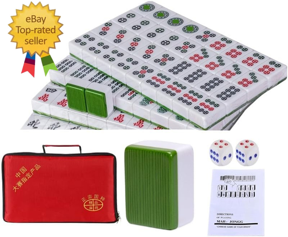 Chinese Mahjong Game Set, Classic with 146+ Green Colored Tiles Dice Professiona
