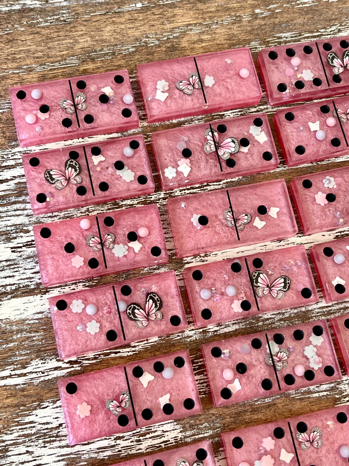 Butterfly Pink Resin Dominoes Game with Velvet Bag 28 pieces Glitter Handmade
