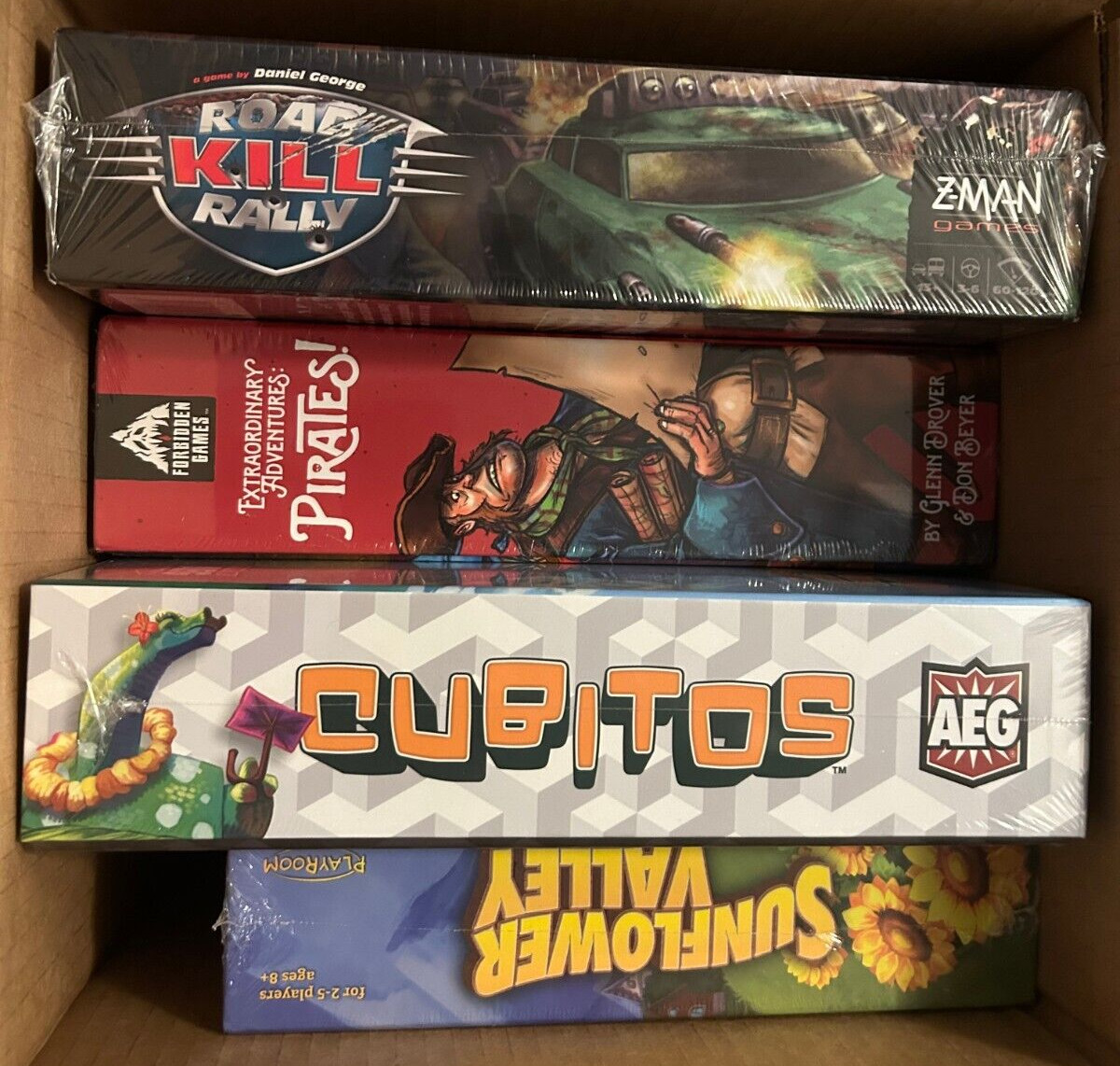 Lot of 4 Board Game MSRP $145 Cubitos, Road Kill Rally, Pirates,Sunflower Valley