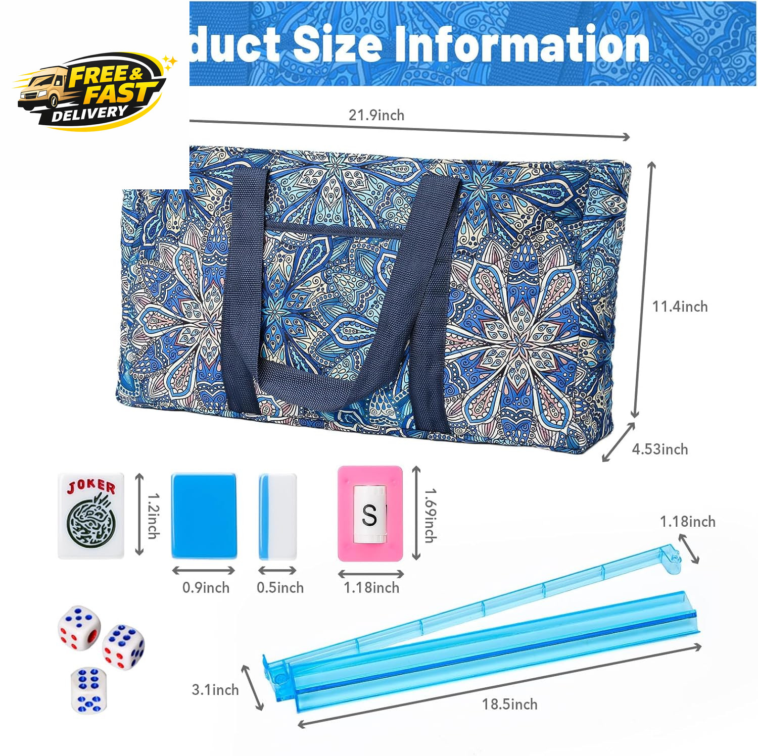 American Mahjong Tile Set with Blue Printed Carrying Bag, 166 Premium Tiles, 4 A