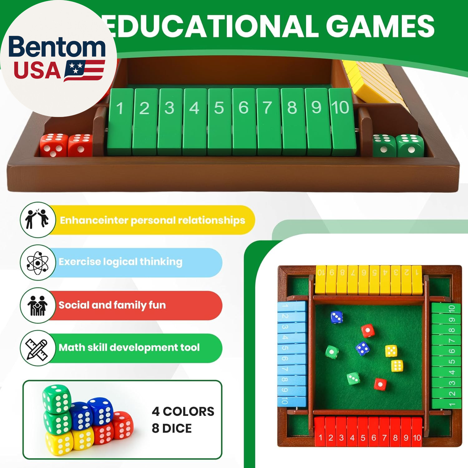Shut the Box Dice Game for 2-4 Players, Wooden Board Tabletop Math and Strategy