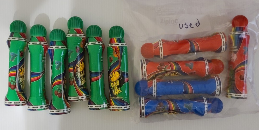 Dab-O-Ink 3oz Vert Green Bingo Dauber (Pack of 6) and 5 used ones 2 blue 3 red
