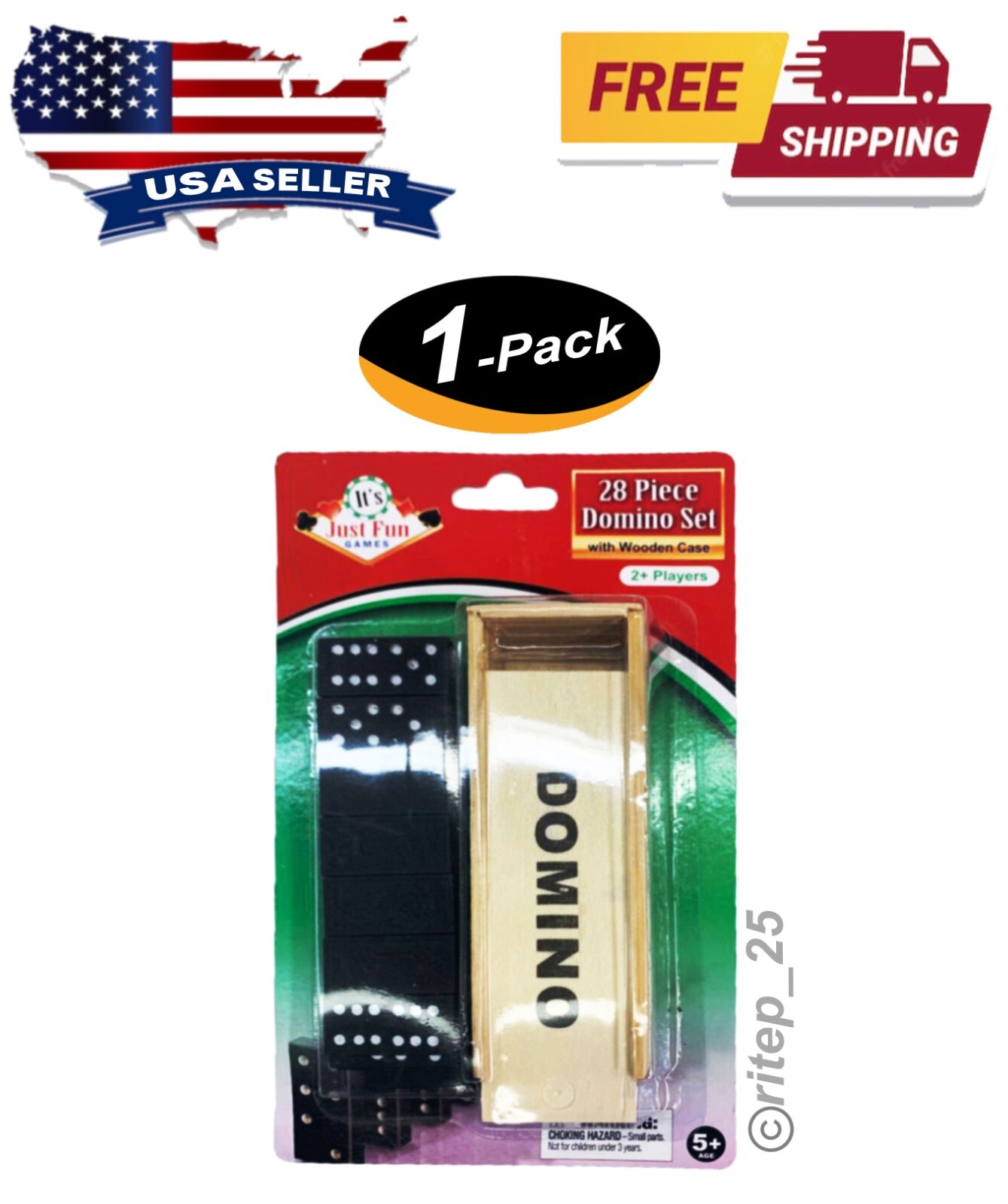 Standard DOMINOES Set of 28 Mini Black Double Six Domino Tiles With Wood Case