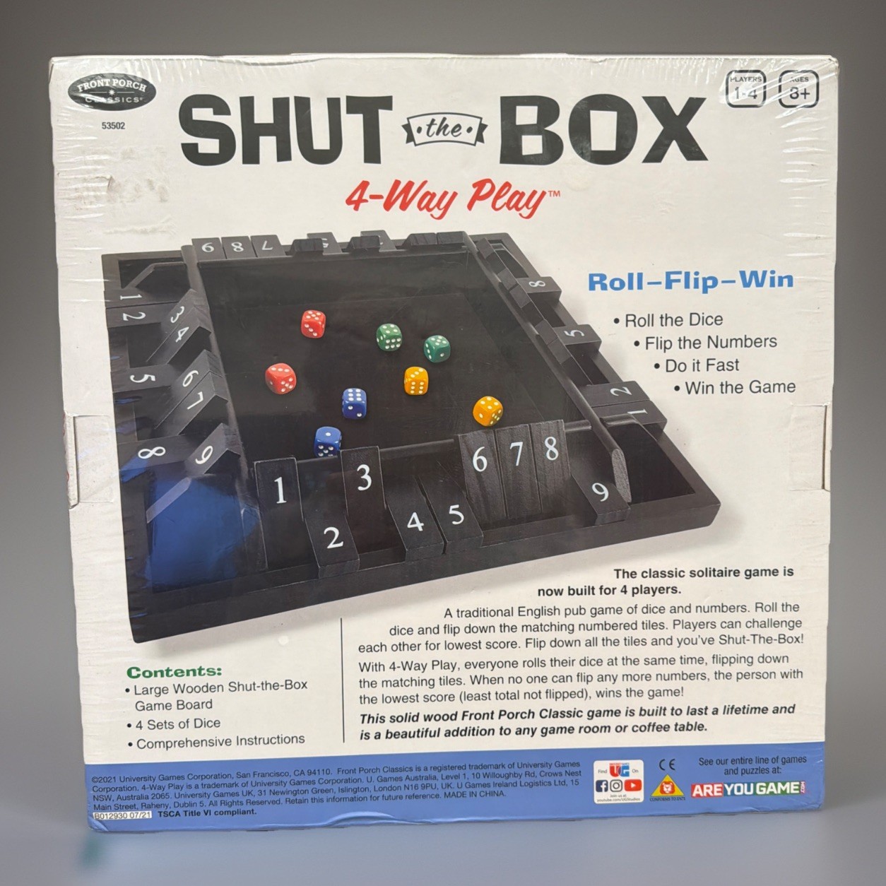 Shut-The-Box 4 Way Play Multi, 14″ University Games Board Game Factory Sealed