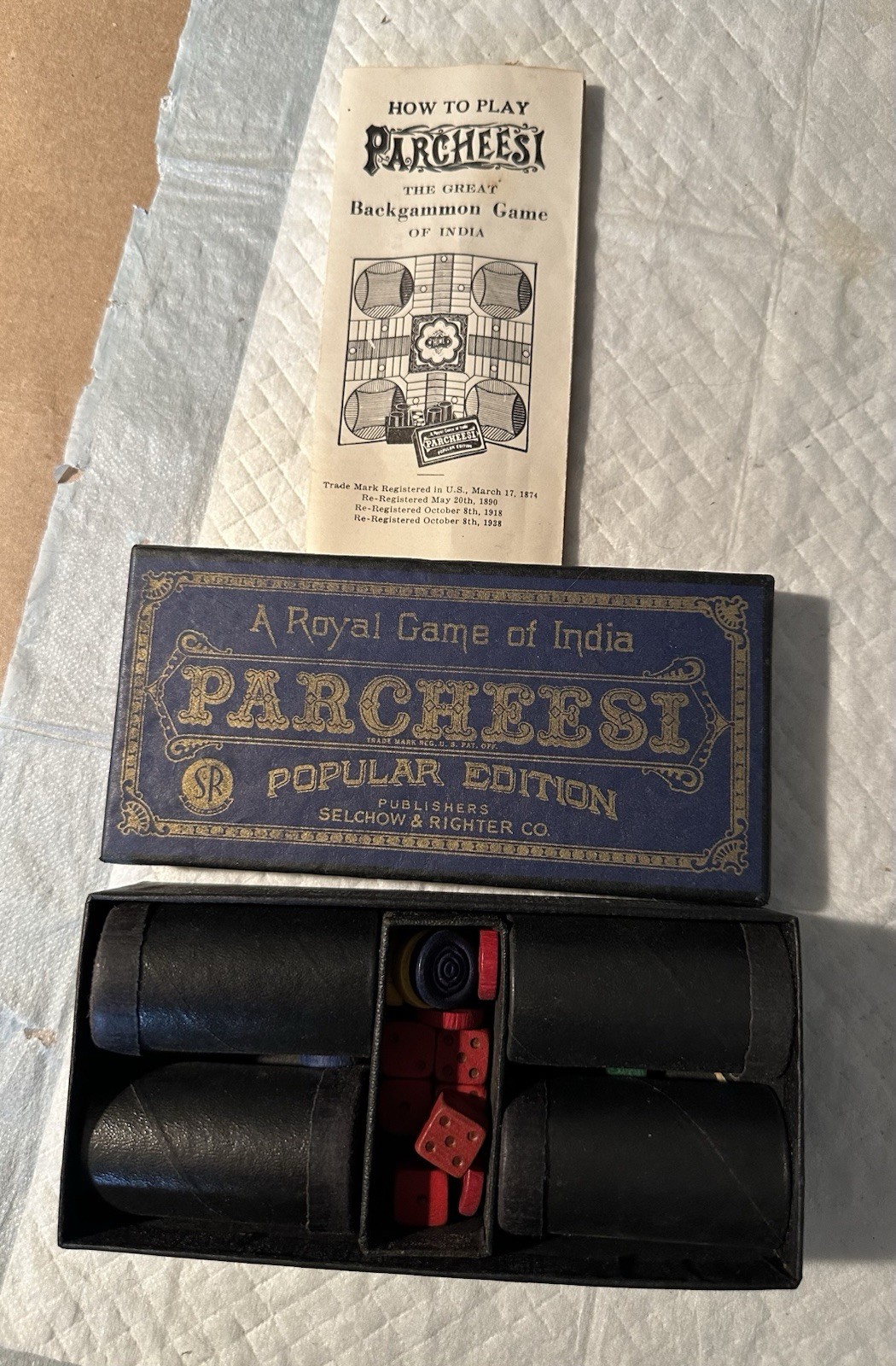 Vintage 1938 Selchow & Righter Parcheesi Box Game Parts Pieces Tokens Dice