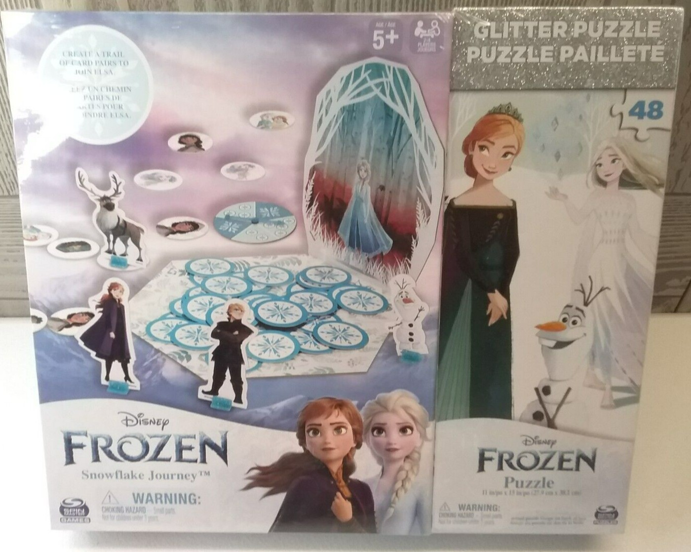 DISNEY FROZEN 2IN1 48 PIECE GLITTER PUZZLE AND SNOWFLAKE JOURNEY BOARD GAME 5+