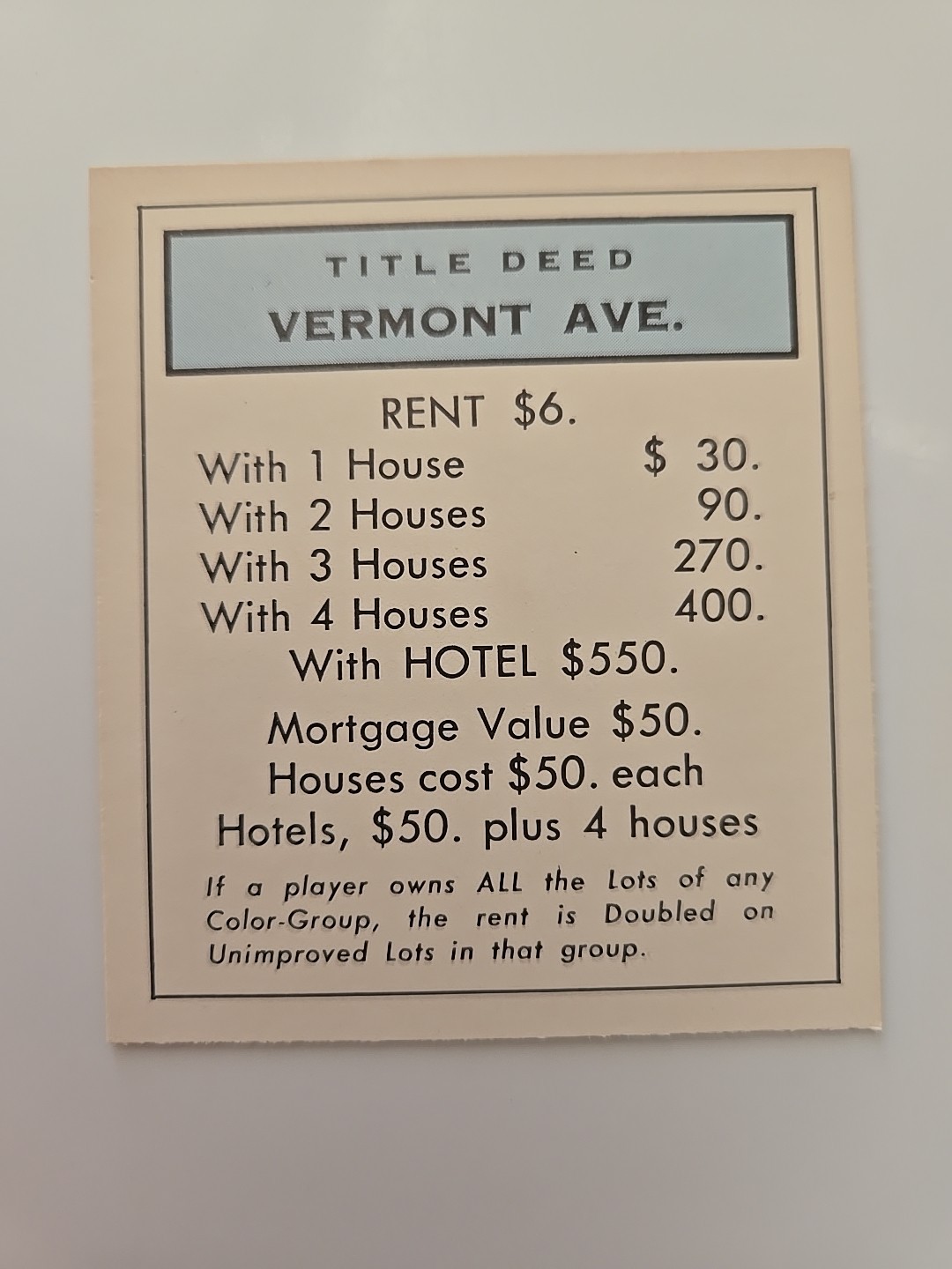1985 Vintage Monopoly Vermont Ave Light Blue Title Deed Card Game Piece Part
